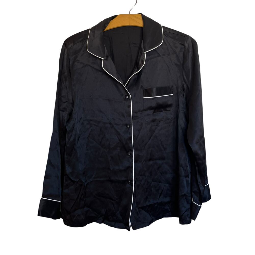 Silksilky Silk Black Button Up Pajama Top Long Sleeve Satin White Trim Sleepwear